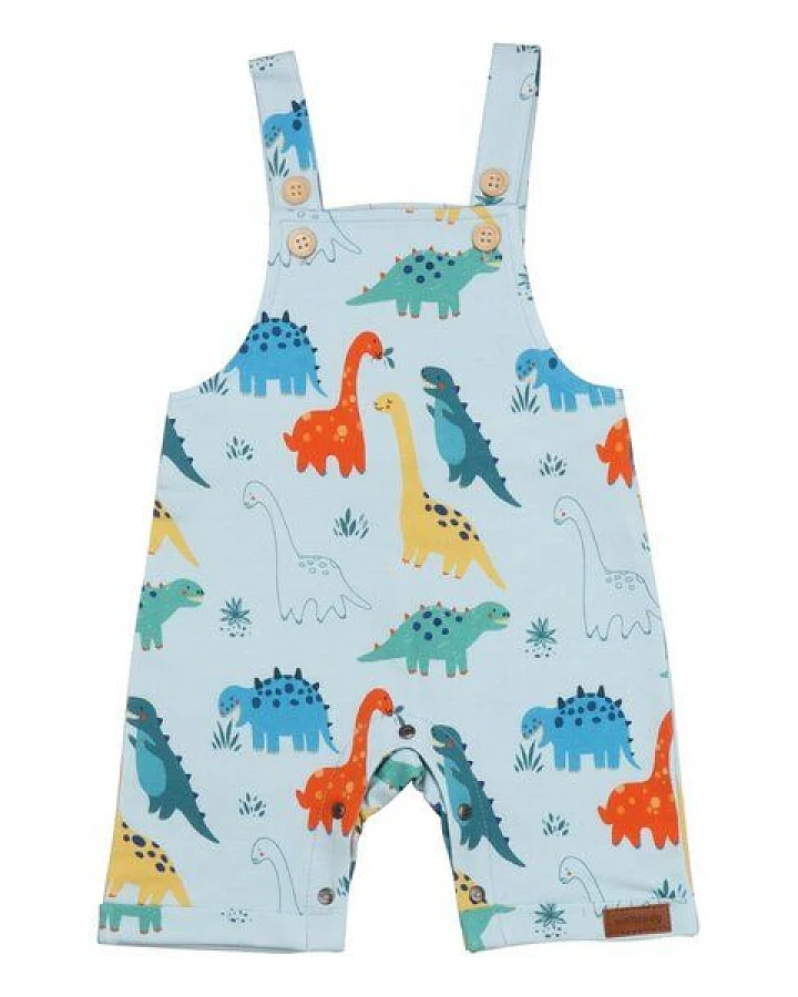 Latzstrampler Hellblau Dinosaurier-Allover Bio-Baumwolle GOTS – Walkiddy