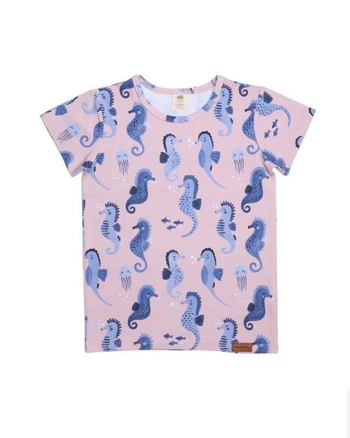 Baby T-Shirt GOTS zertifiziert – 95% Bio-Baumwolle, Rosa mit Seepferdchen-Print, 5% Elasthan, weich