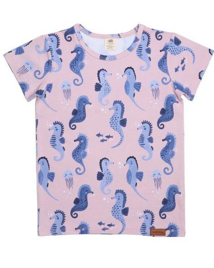 Baby T-Shirt GOTS zertifiziert – 95% Bio-Baumwolle, Rosa mit Seepferdchen-Print, 5% Elasthan, weich
