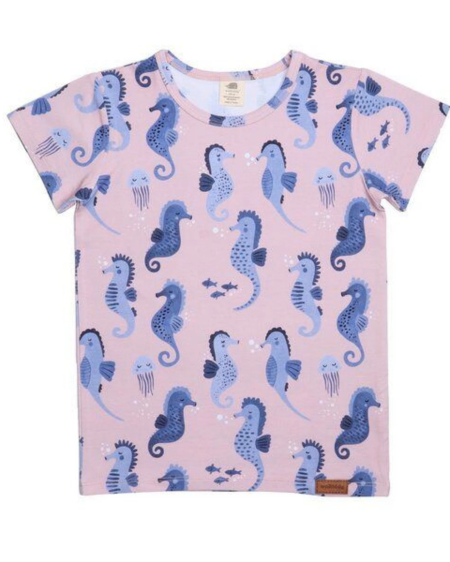 Baby T-Shirt GOTS zertifiziert – 95% Bio-Baumwolle, Rosa mit Seepferdchen-Print, 5% Elasthan, weich – Ansicht 2