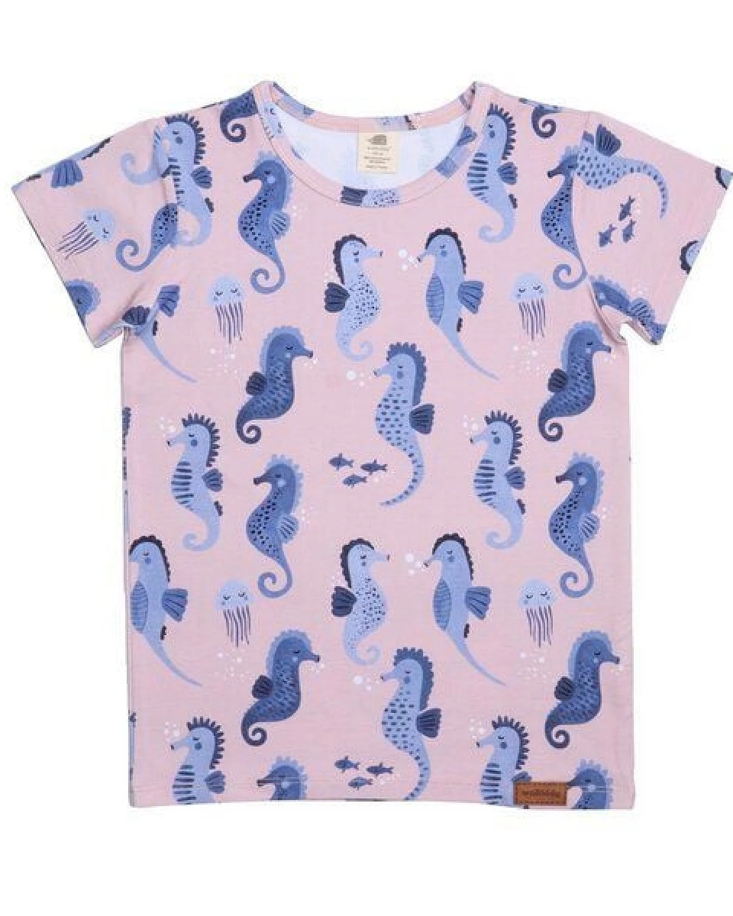 Baby T-Shirt GOTS zertifiziert – 95% Bio-Baumwolle, Rosa mit Seepferdchen-Print, 5% Elasthan, weich – Ansicht 2