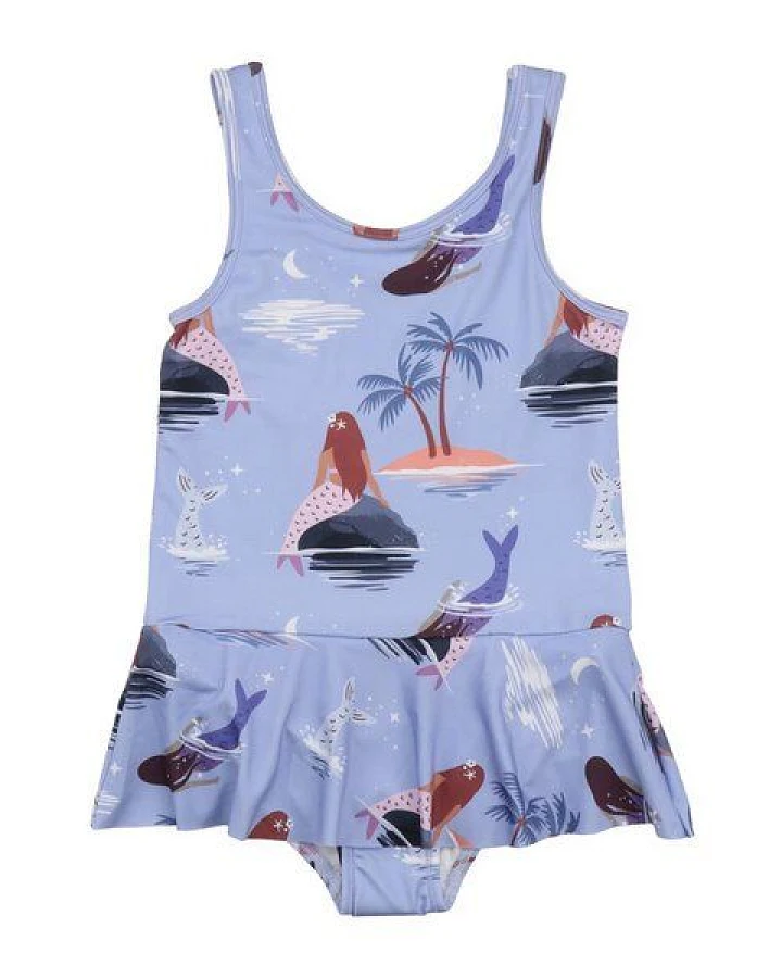 Mädchen Badeanzug Bio-Baumwolle GOTS lila – Walkiddy, bequemer Einteiler für Kinder, schnell trocknend, mit Rüschen und liebevollem Druck, nachhaltige Swimwear