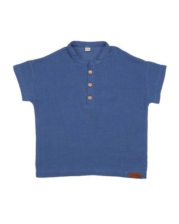 Baby T-Shirt GOTS zertifiziert – 95% Bio-Baumwolle, Blau, mit Knopfleiste, Kurzarm, weich & bequem