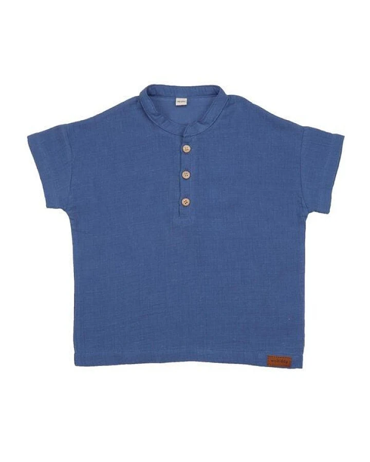 Baby T-Shirt GOTS zertifiziert – 95% Bio-Baumwolle, Blau, mit Knopfleiste, Kurzarm, weich & bequem