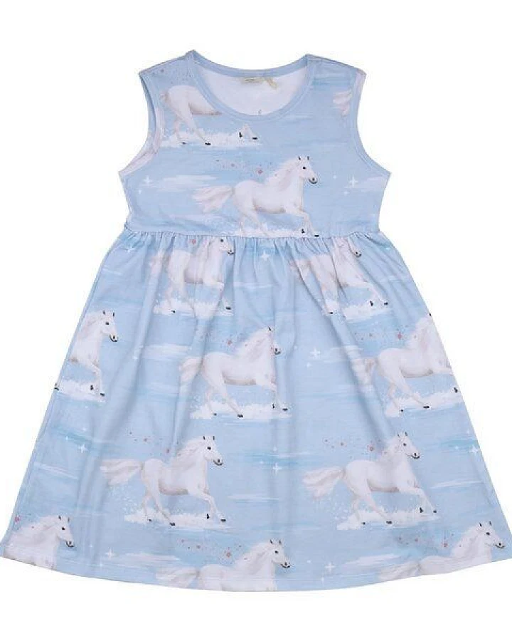 Baby & Kleinkind Kleid – Hellblau mit Pferdemotiven, Kurzarm, weich & bequem