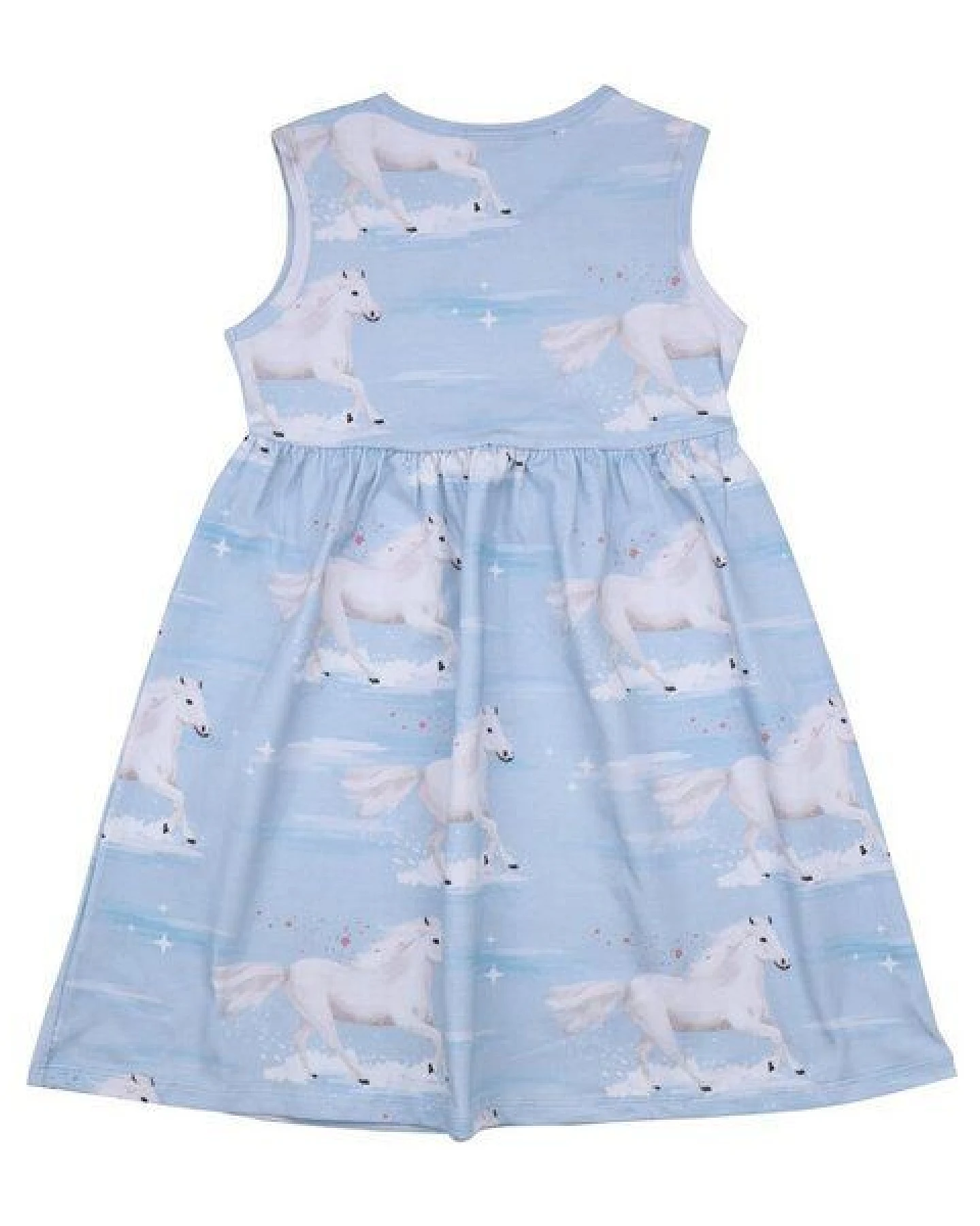 Baby & Kleinkind Kleid – Hellblau mit Pferdemotiven, Kurzarm, weich & bequem – Ansicht 3