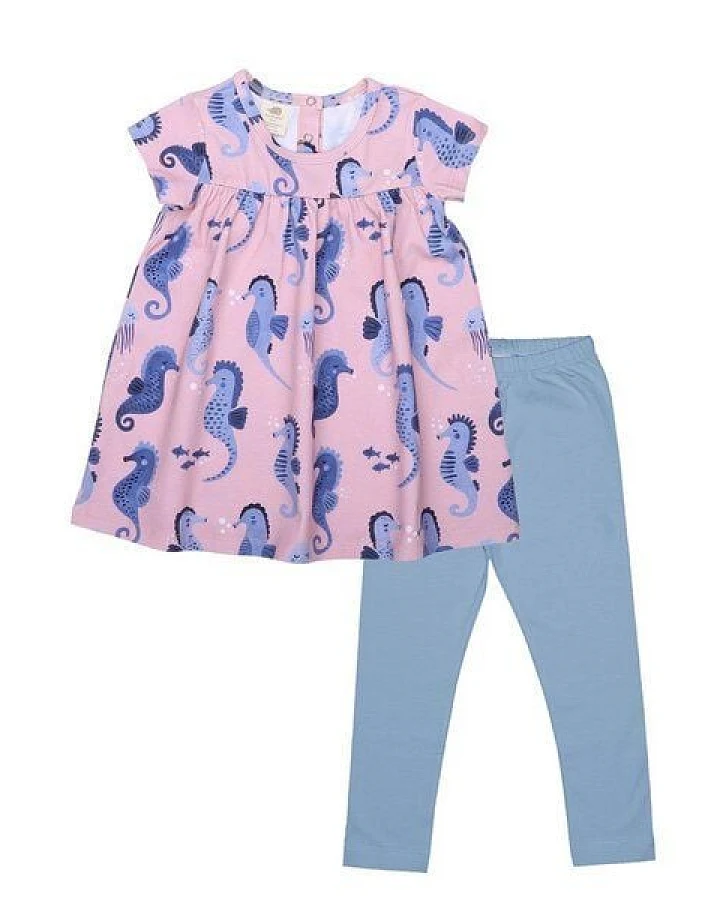 Kinderkleid-Set GOTS zertifiziert Bio-Baumwolle Rosa Seepferdchen-Print Kurzarm inkl. Leggings Blau – Walkiddy