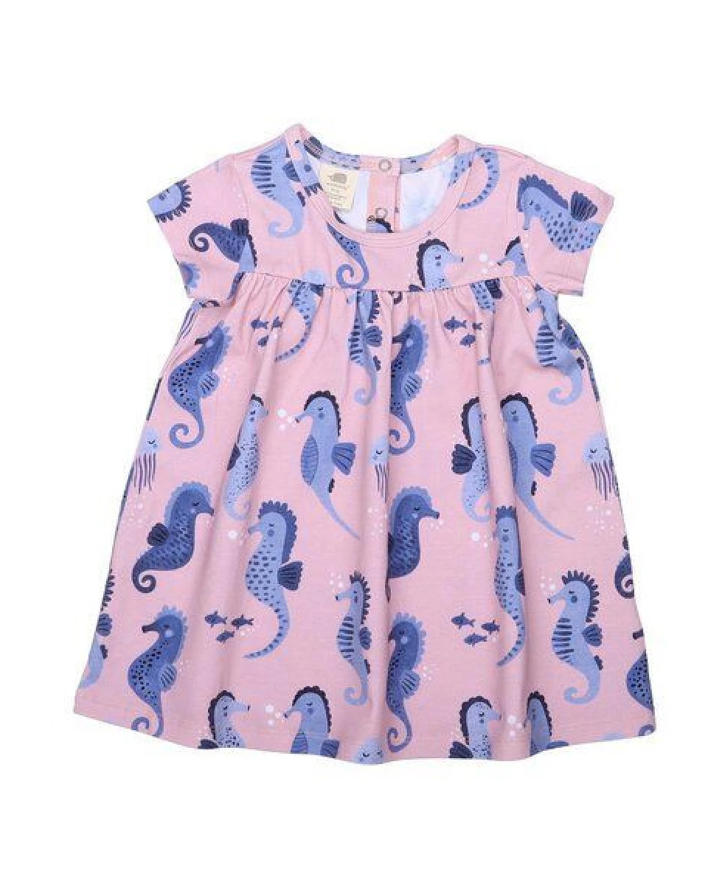 Kinderkleid-Set GOTS zertifiziert Bio-Baumwolle Rosa Seepferdchen-Print Kurzarm inkl. Leggings Blau – Walkiddy – Ansicht 3