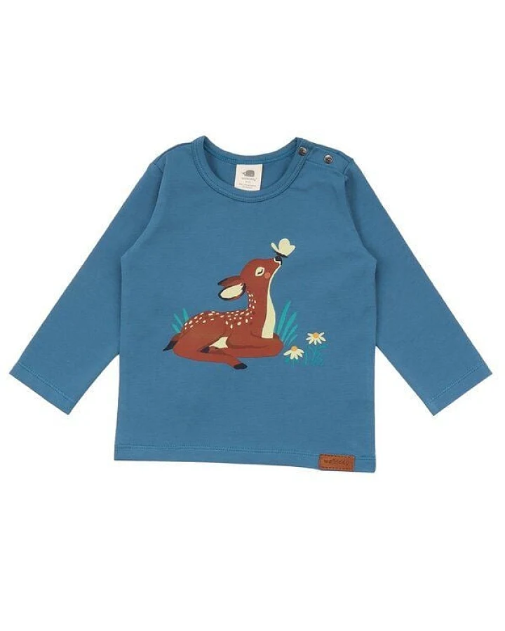Baby Langarmshirt GOTS zertifiziert, 95% Bio-Baumwolle, blau, Reh-Print, weich & elastisch – Walkiddy
