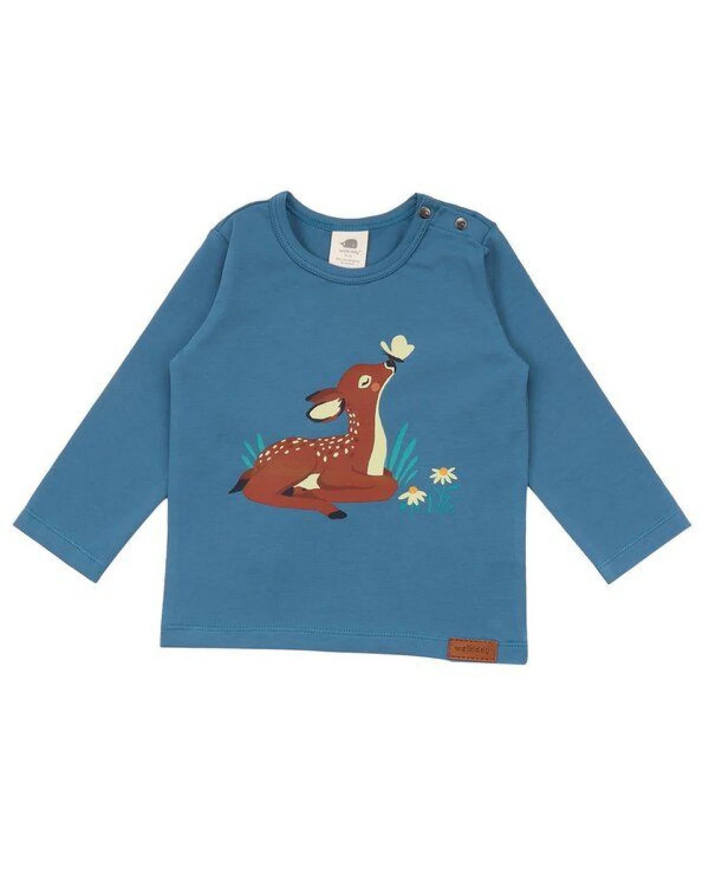 Baby Langarmshirt GOTS zertifiziert, 95% Bio-Baumwolle, blau, Reh-Print, weich & elastisch – Walkiddy – Ansicht 2