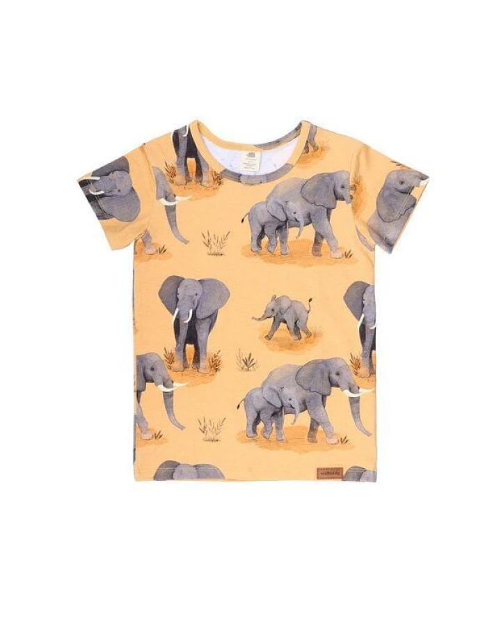 Baby T-Shirt GOTS zertifiziert Bio-Baumwolle Orange Elefanten-Print „Elephant Family“ weich – Walkiddy