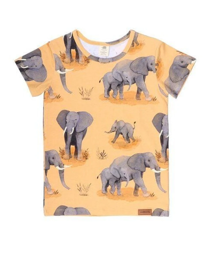 Baby T-Shirt GOTS zertifiziert Bio-Baumwolle Orange Elefanten-Print „Elephant Family“ weich – Walkiddy