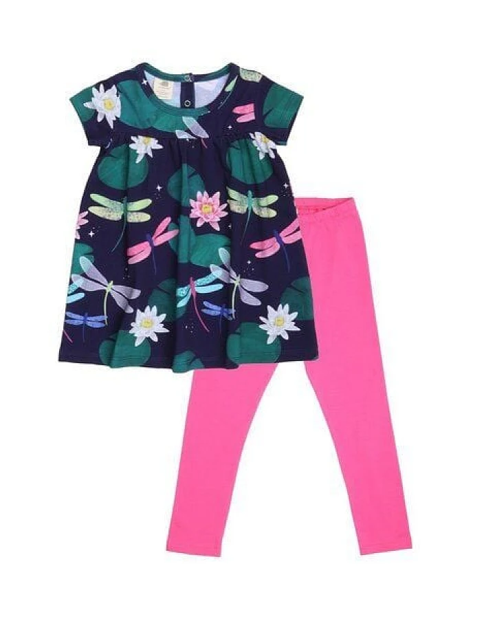 Kinder Kleid GOTS zertifiziert – Dunkelblau mit Libellenmuster, Kurzarm, weich & bequem
