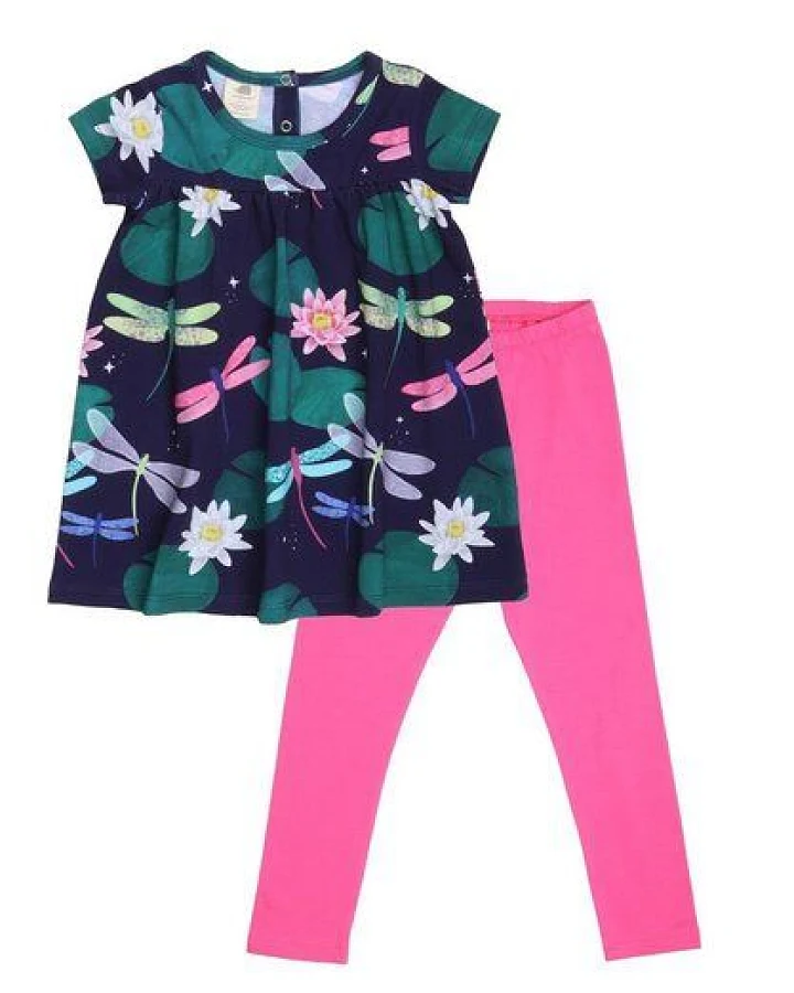Kinder Kleid GOTS zertifiziert – Dunkelblau mit Libellenmuster, Kurzarm, weich & bequem