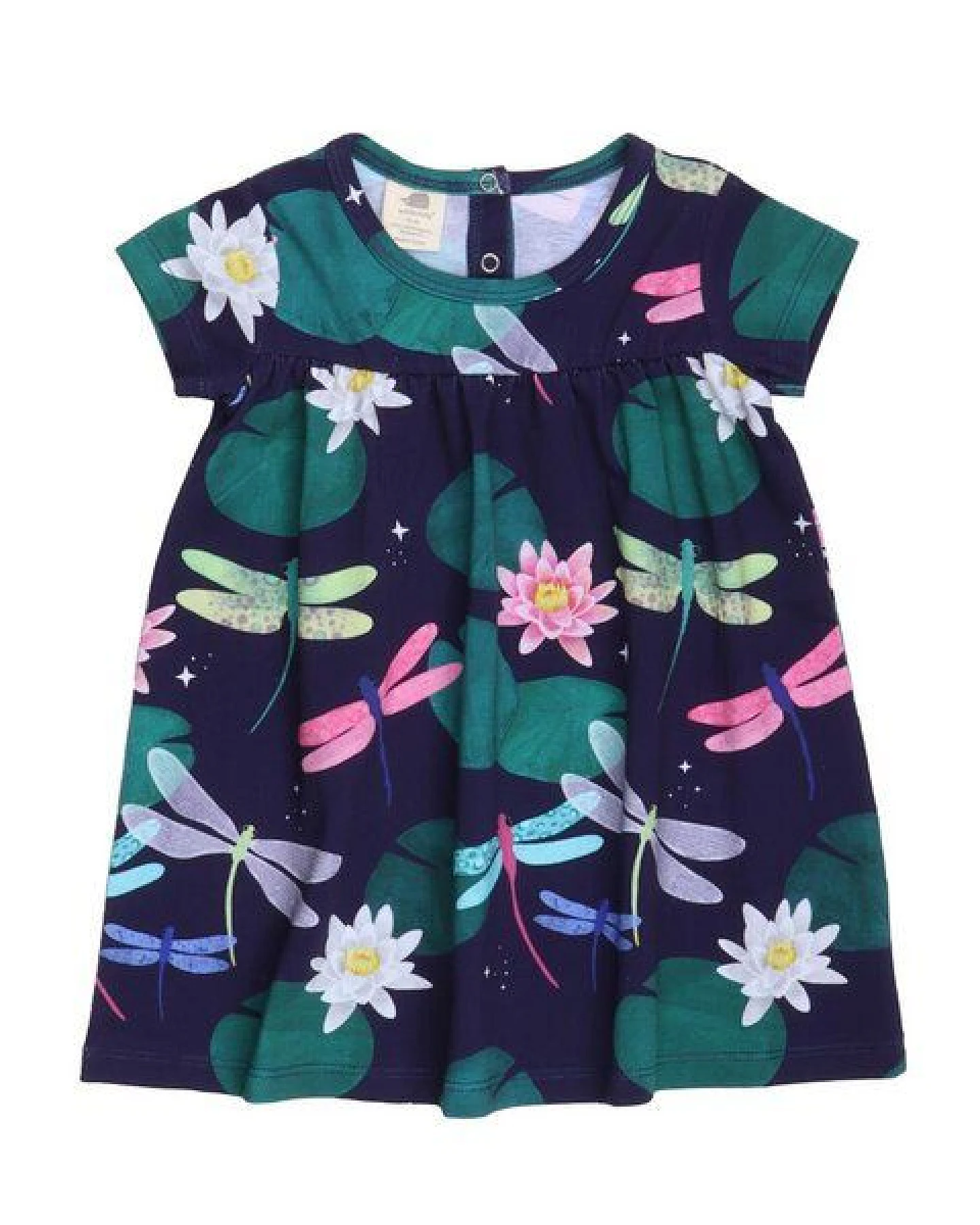 Kinder Kleid GOTS zertifiziert – Dunkelblau mit Libellenmuster, Kurzarm, weich & bequem – Ansicht 3