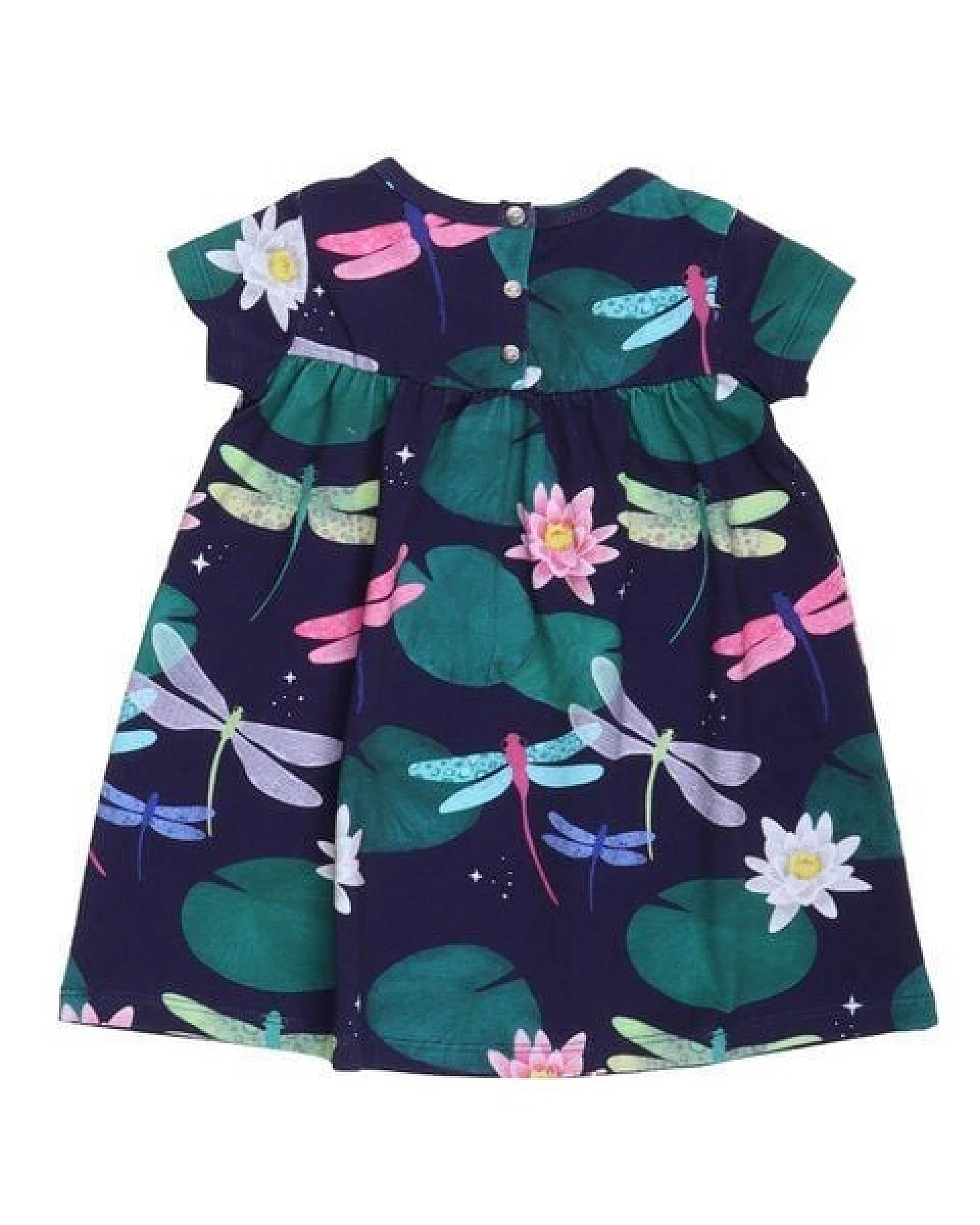 Kinder Kleid GOTS zertifiziert – Dunkelblau mit Libellenmuster, Kurzarm, weich & bequem – Ansicht 4