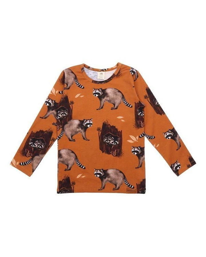 Kinder Langarmshirt GOTS zertifiziert Bio-Baumwolle, Braun, Waschbären-Muster, Walkiddy