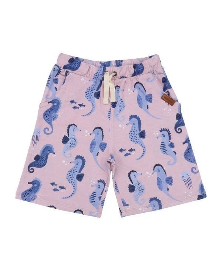 Kleinkinder Shorts GOTS-zertifiziert aus Bio-Baumwolle rosa mit Seepferdchen-Motiv – Walkiddy