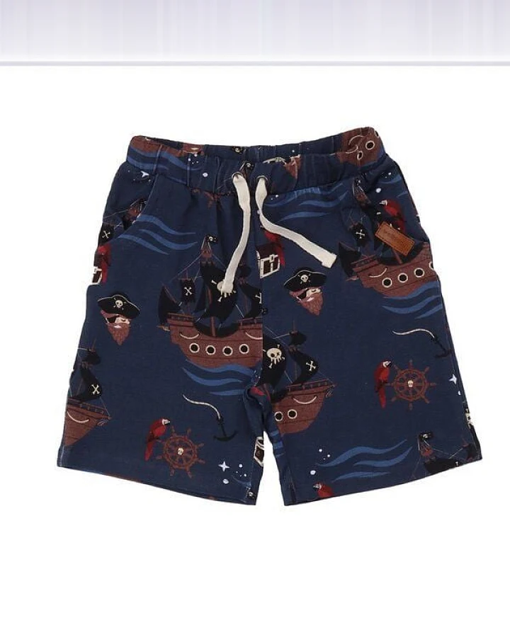 Kinder Shorts GOTS zertifiziert, blau, Piratenschiff-Print, Kordelbund, weich – Walkiddy