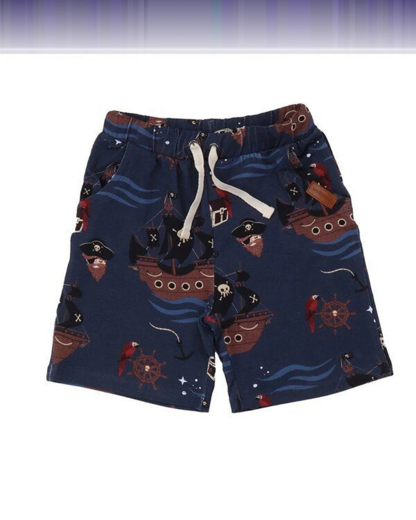 Kinder Shorts GOTS zertifiziert, blau, Piratenschiff-Print, Kordelbund, weich – Walkiddy – Ansicht 2
