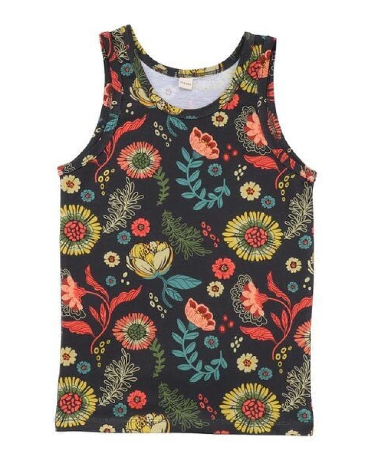 Baby Achselshirt GOTS-zertifiziert aus Bio-Baumwolle anthrazit mit buntem Blumenmuster – Walkiddy