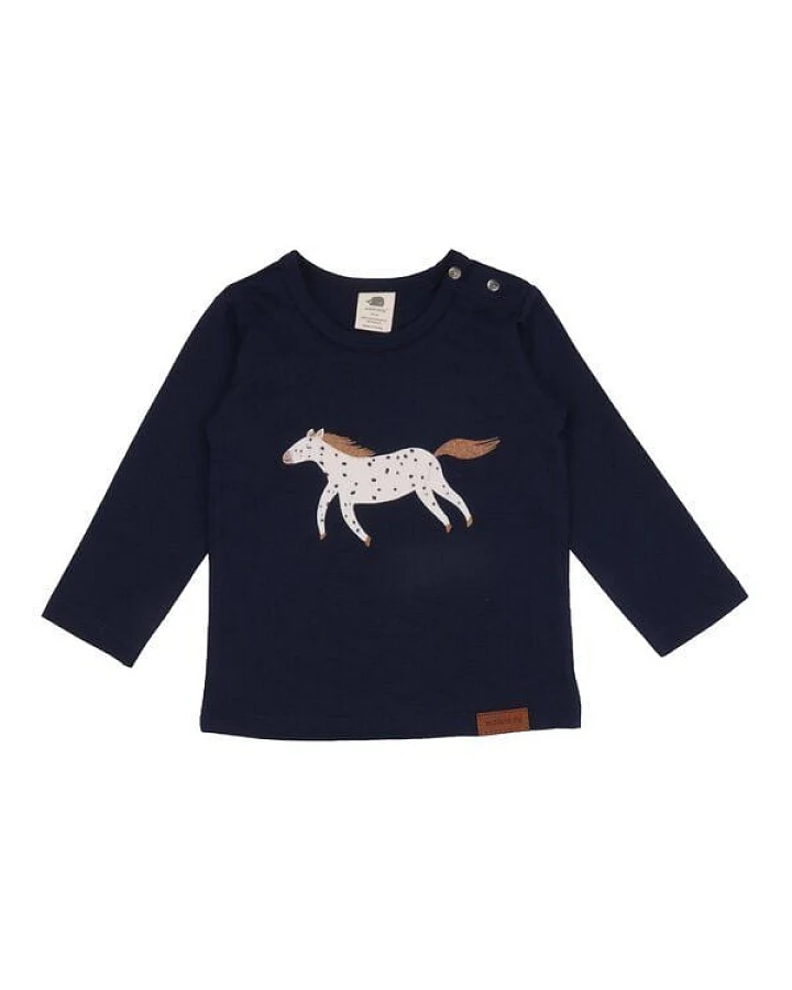 Baby Langarmshirt GOTS-zertifiziert aus Bio-Baumwolle, dunkelblau mit Pferdemotiv – Walkiddy, weich, hautfreundlich & alltagstauglich