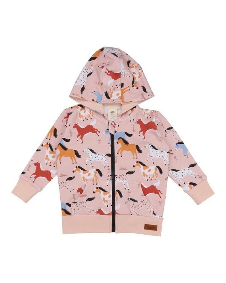 Baby Sweatjacke GOTS zertifiziert – Bio-Baumwolle, Rosa mit Pferde-Motiv, Kapuze & Reißverschluss
