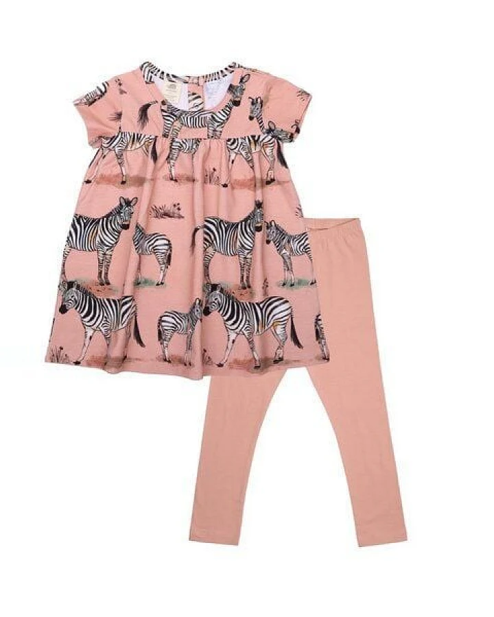 Baby Set Kleid + Leggings GOTS zertifiziert, rosa, Zebra-Allover, Kurzarm, Bio-Baumwolle – Walkiddy