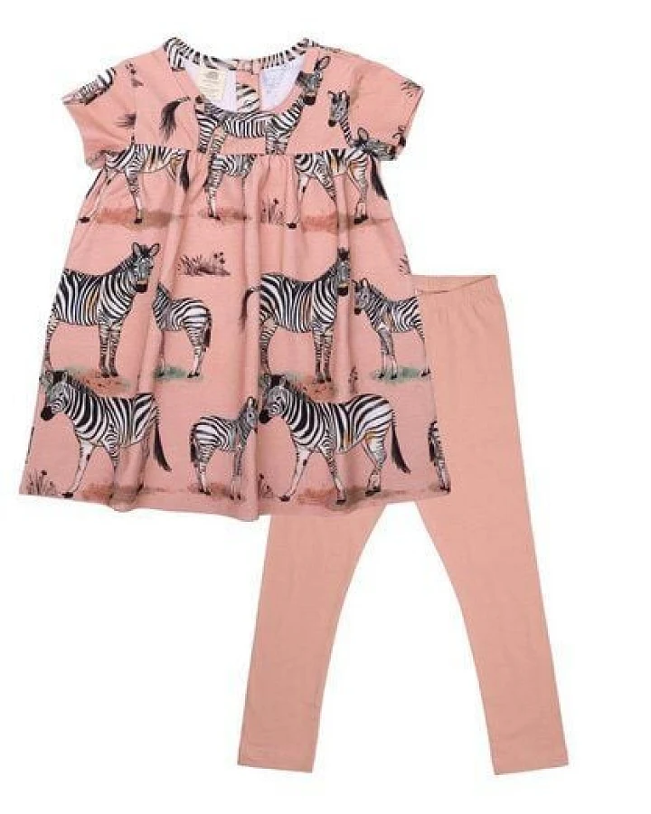 Baby Set Kleid + Leggings GOTS zertifiziert, rosa, Zebra-Allover, Kurzarm, Bio-Baumwolle – Walkiddy