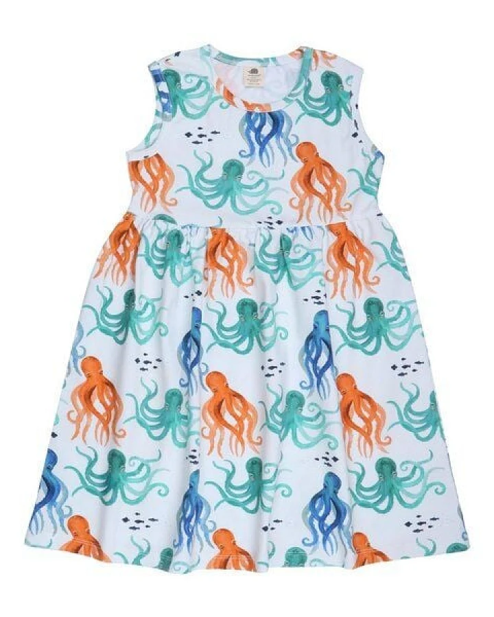 Kinder Kleid GOTS zertifiziert – Weiß mit Oktopusmotiven, ärmellos, weich & bequem