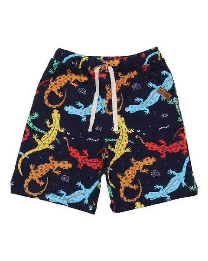 Kinder Shorts GOTS zertifiziert, dunkelblau, „Colorful Salamanders“ Allover, Kordelbund, weich – Walkiddy