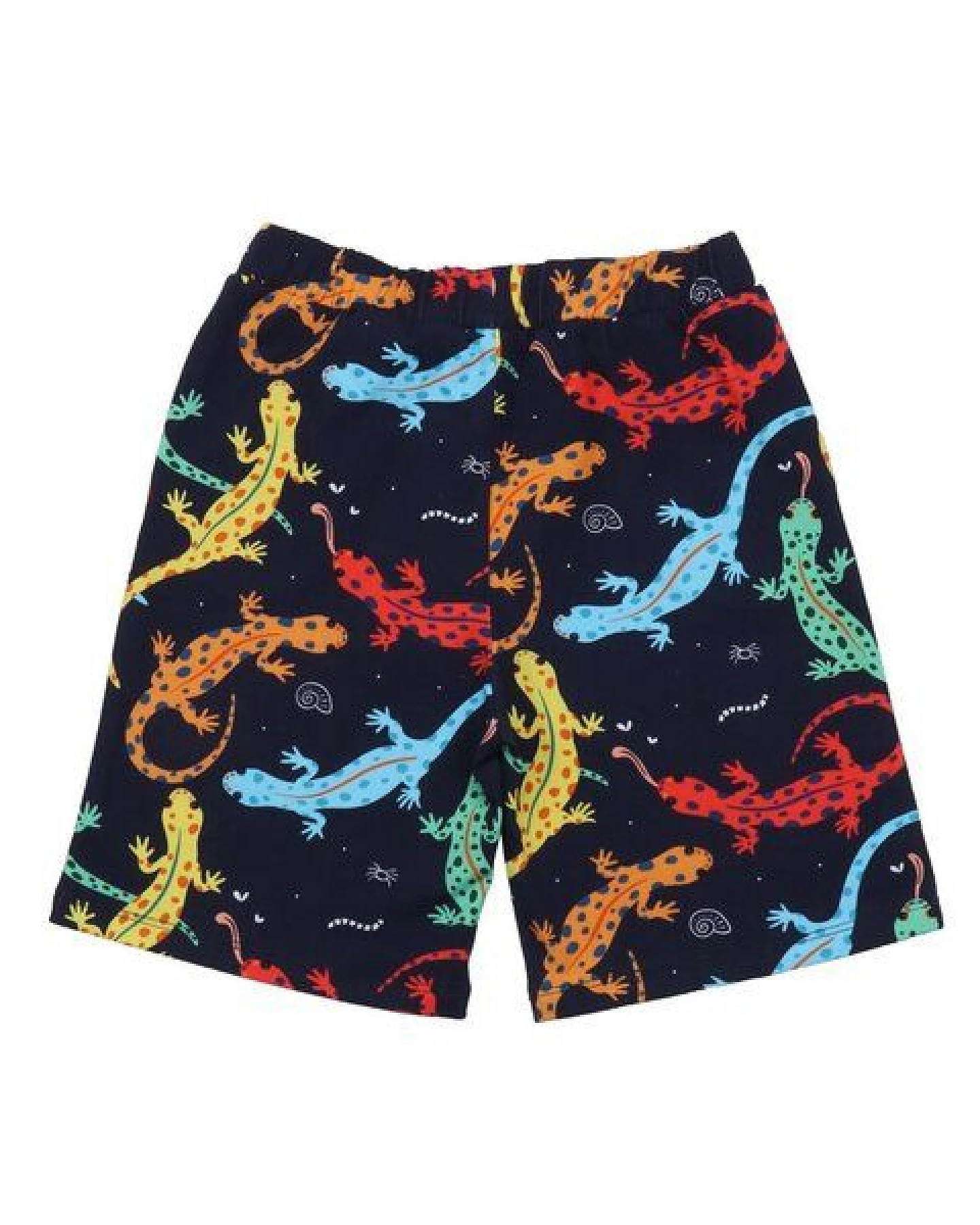 Kinder Shorts GOTS zertifiziert, dunkelblau, „Colorful Salamanders“ Allover, Kordelbund, weich – Walkiddy – Ansicht 3