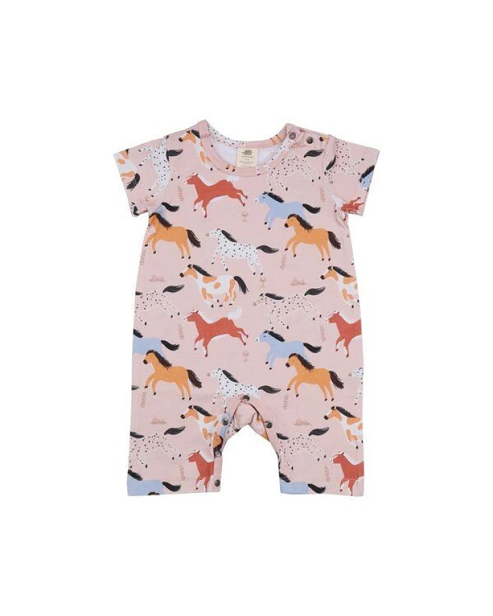 Babystrampler Bio Baumwolle Rosa - Walkiddy, nachhaltige Materialien, GOTS-zertifiziert, allergikerfreundlich, Baby Horses Design, ethische Herstellung.