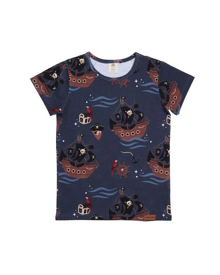 Baby T-Shirt GOTS zertifiziert, Bio-Baumwolle, dunkelblau, Piratenschiff-Muster, weich & bequem – Walkiddy