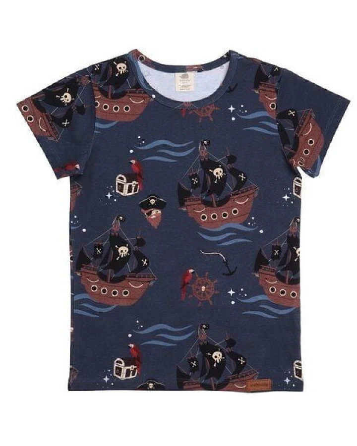 Baby T-Shirt GOTS zertifiziert, Bio-Baumwolle, dunkelblau, Piratenschiff-Muster, weich & bequem – Walkiddy