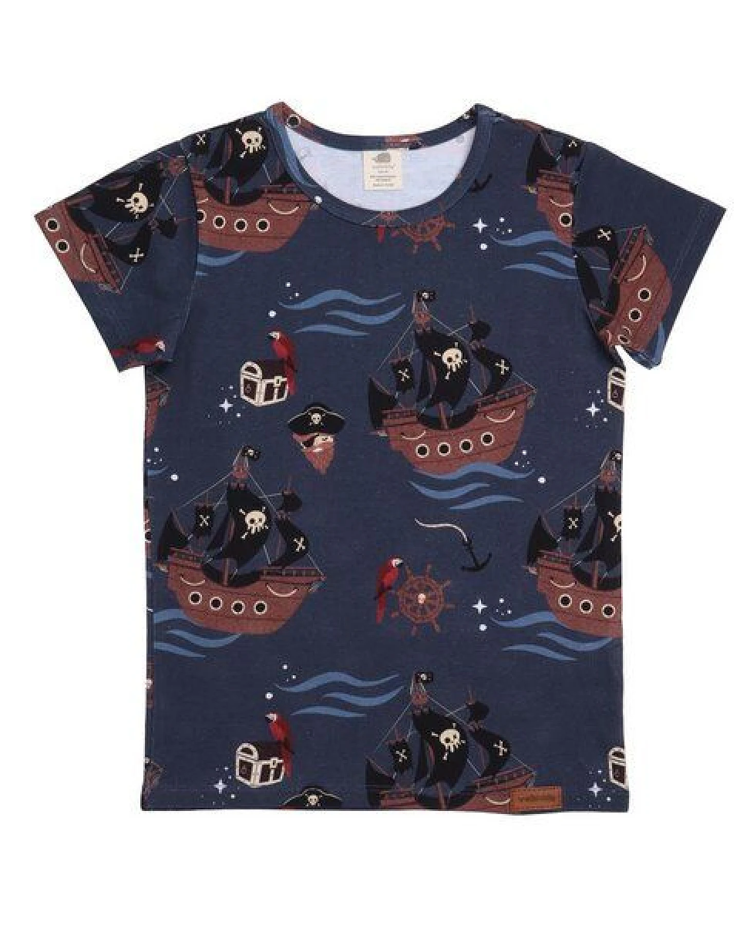 Baby T-Shirt GOTS zertifiziert, Bio-Baumwolle, dunkelblau, Piratenschiff-Muster, weich & bequem – Walkiddy – Ansicht 2