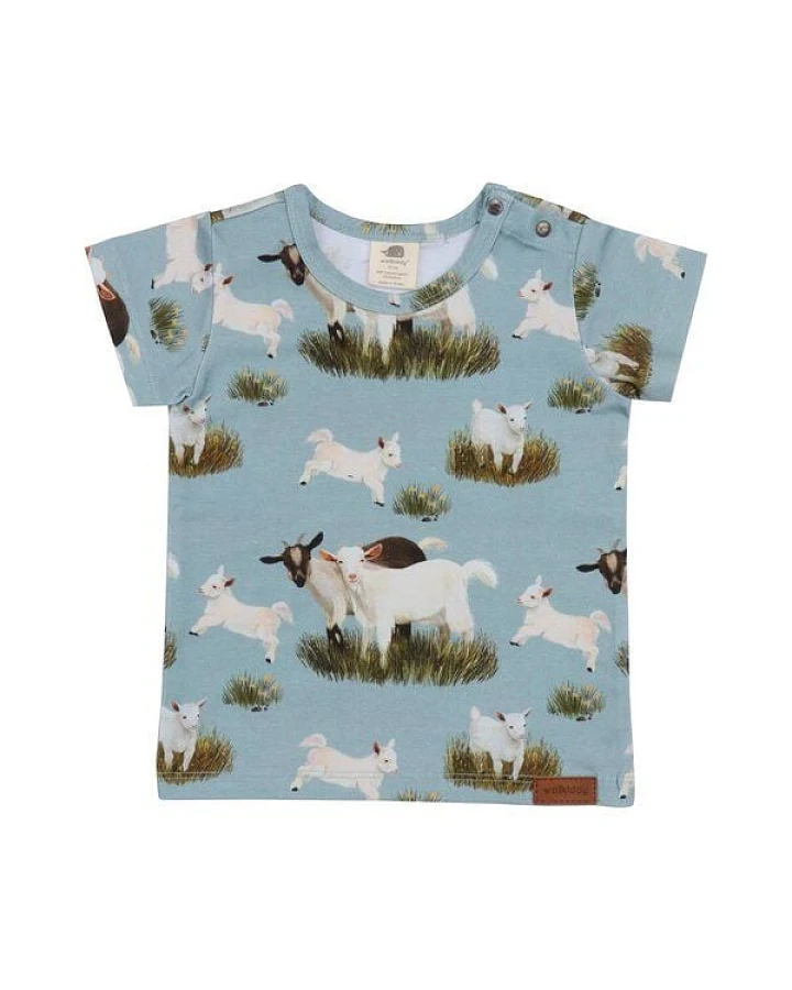 Baby T-Shirt GOTS zertifiziert Bio-Baumwolle mit Elasthan, Hellblau, Ziegen-Muster, Walkiddy