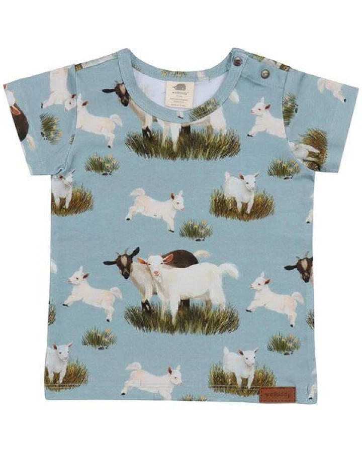 Baby T-Shirt GOTS zertifiziert Bio-Baumwolle mit Elasthan, Hellblau, Ziegen-Muster, Walkiddy