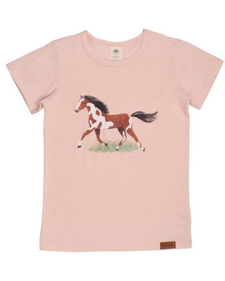 Kleinkinder T-Shirt GOTS zertifiziert Bio-Baumwolle 95/5 Elasthan Rosa Pferdemotiv „The Horses“ weich – Walkiddy