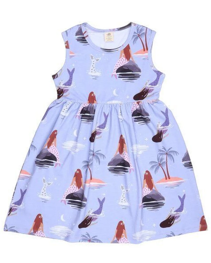 Kinderkleid GOTS zertifiziert, lila, Meerjungfrau-Allover, 95% Bio-Baumwolle, Kurzarm, weich – Walkiddy