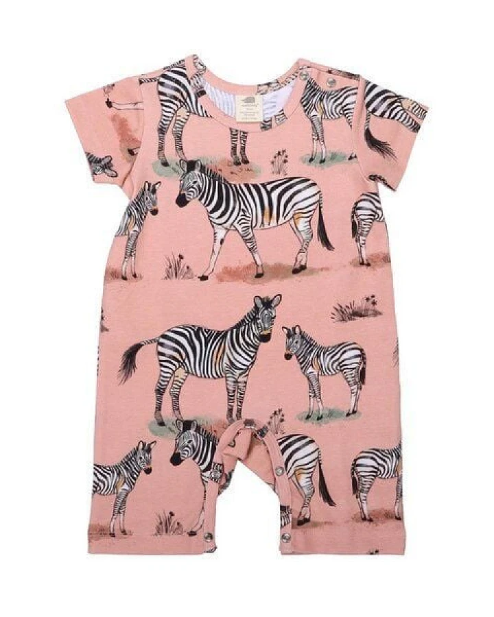 Baby Kurzarm-Strampler GOTS-zertifiziert aus Bio-Baumwolle rosa mit Zebra-Motiv – Walkiddy