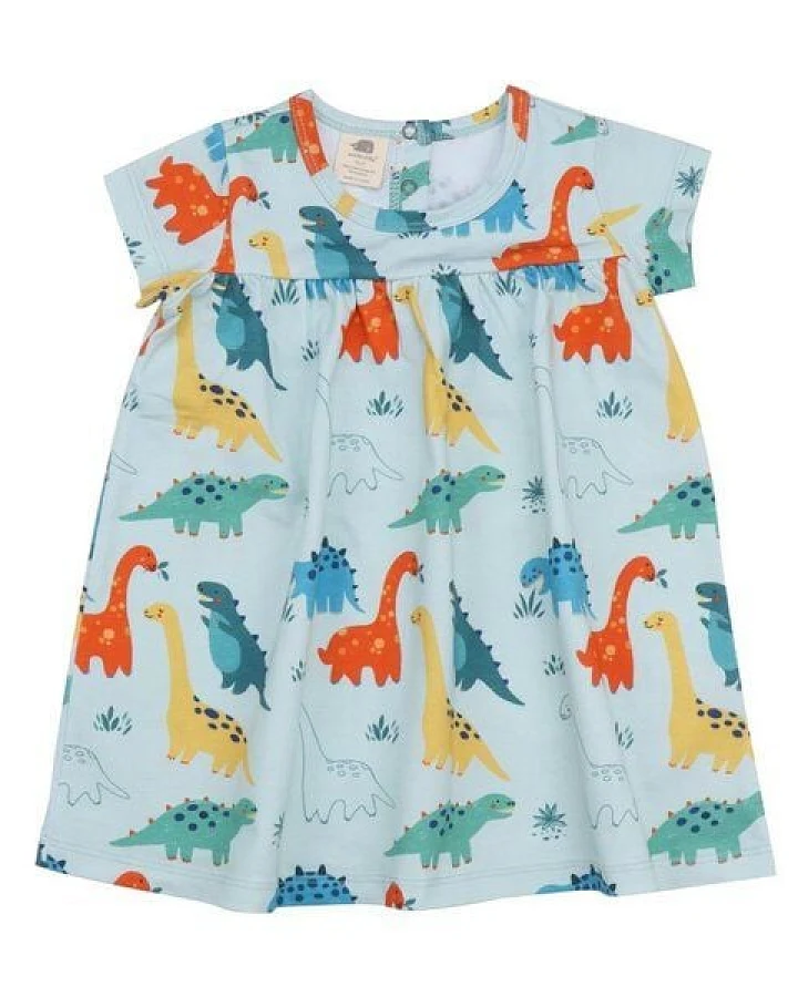 Baby Kleid GOTS zertifiziert – 95% Bio-Baumwolle, Hellblau mit Dinosauriermotiv, Kurzarm, weich & bequem