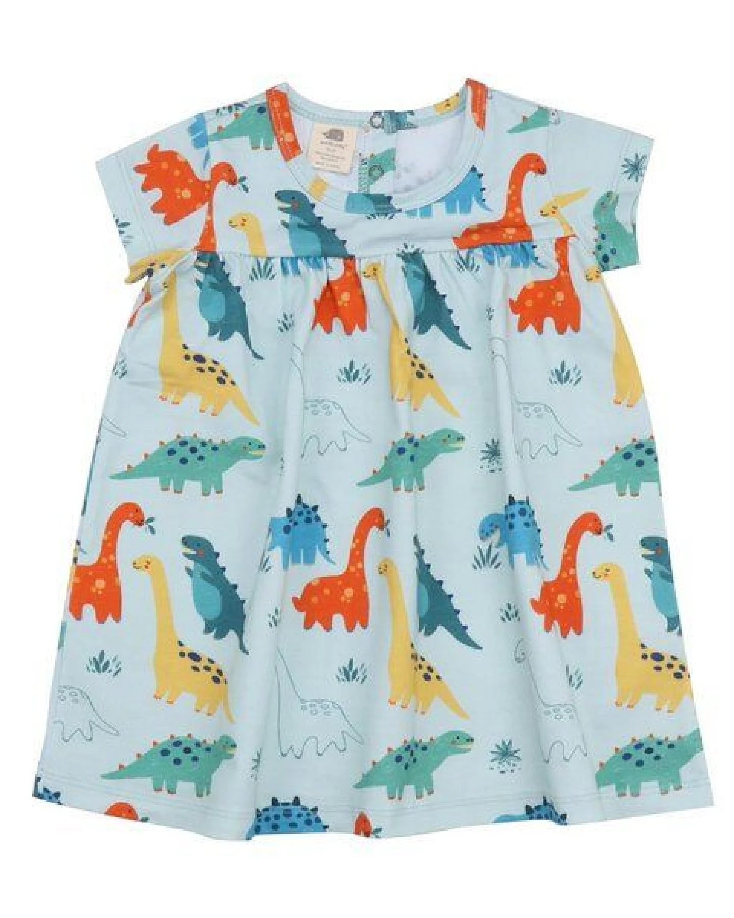Baby Kleid GOTS zertifiziert – 95% Bio-Baumwolle, Hellblau mit Dinosauriermotiv, Kurzarm, weich & bequem – Ansicht 2