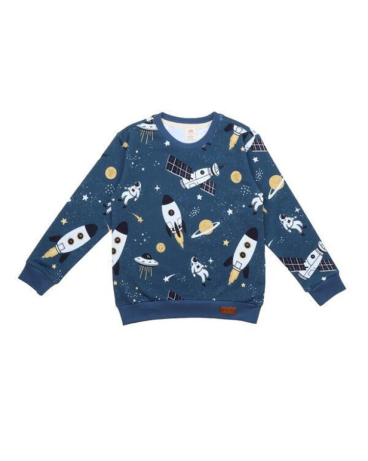 Baby Sweatshirt GOTS zertifiziert Bio-Baumwolle, Blau, Weltraum-Muster, Walkiddy