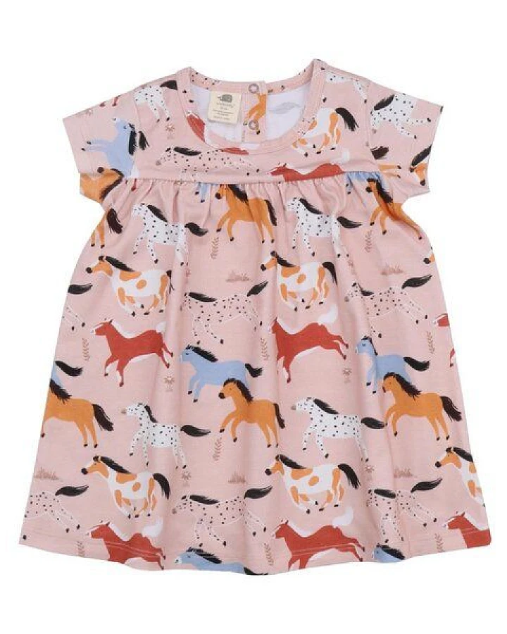 Baby Kleid GOTS zertifiziert, rosa, Pferde-Allover, Kurzarm, Bio-Baumwolle, weich – Walkiddy