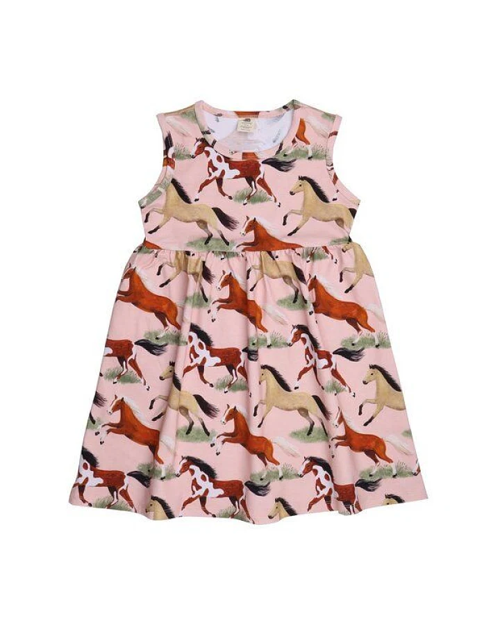 Kleinkinder Kleid GOTS zertifiziert – Rosa mit Pferdemotiv, Kurzarm, weich & bequem
