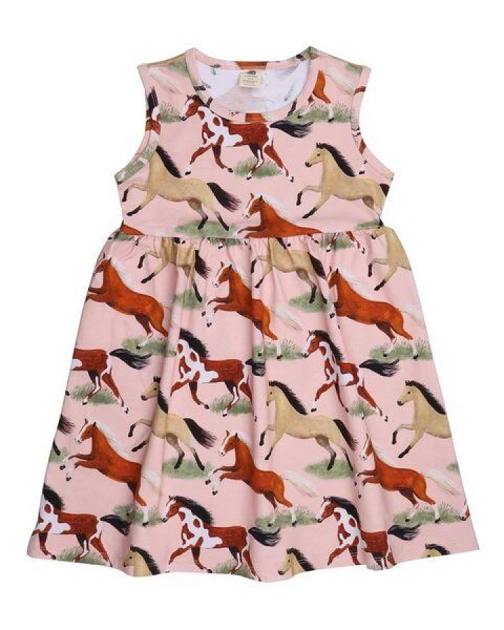 Kleinkinder Kleid GOTS zertifiziert – Rosa mit Pferdemotiv, Kurzarm, weich & bequem