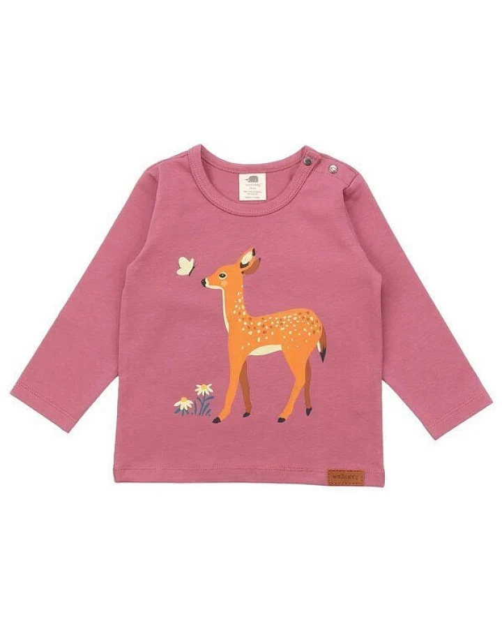 Baby Langarmshirt GOTS zertifiziert – 95% Bio-Baumwolle, Rosa mit Rehmotiv, weich & bequem, alltagstauglich, gut kombinierbar