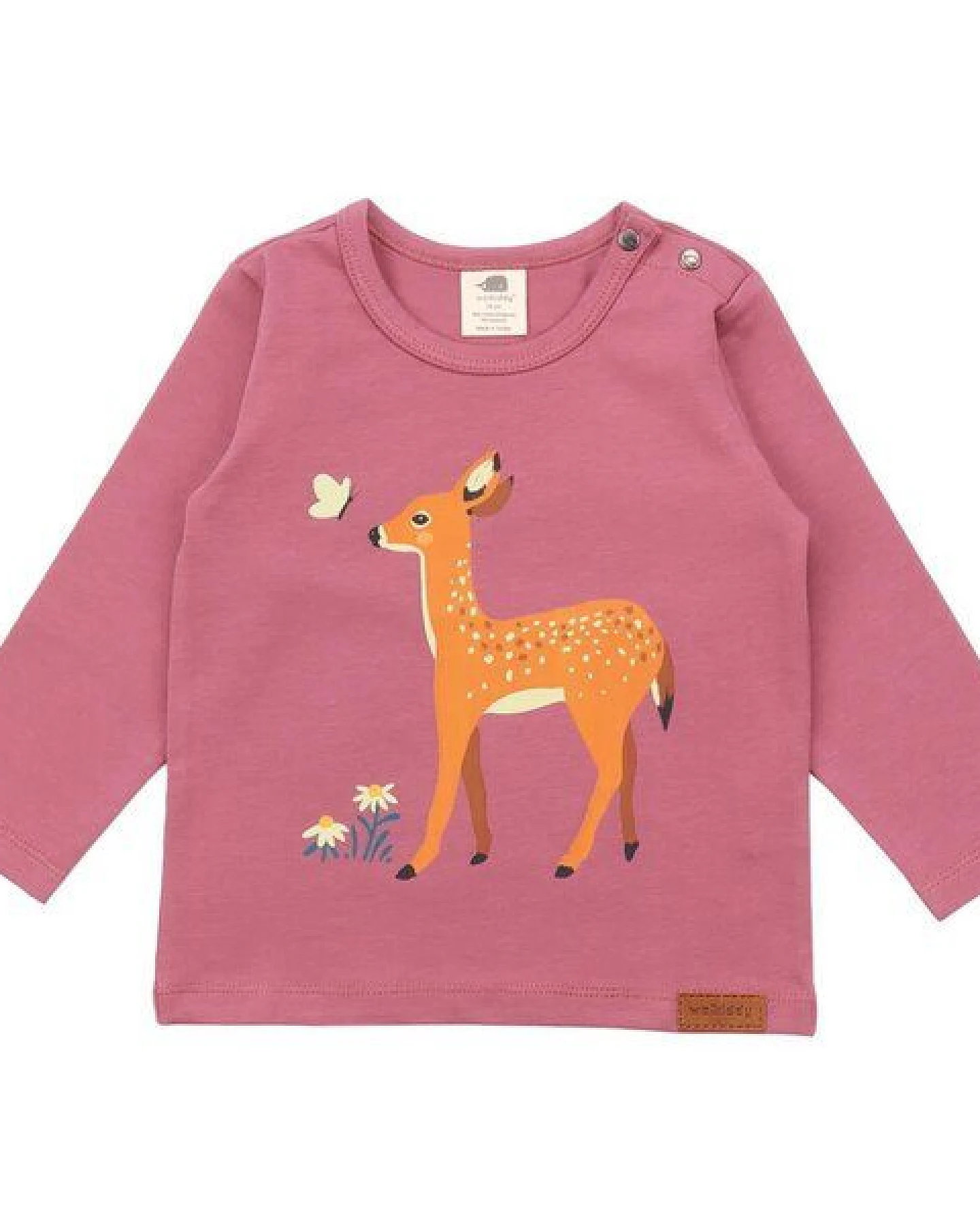 Baby Langarmshirt GOTS zertifiziert – 95% Bio-Baumwolle, Rosa mit Rehmotiv, weich & bequem, alltagstauglich, gut kombinierbar – Ansicht 2