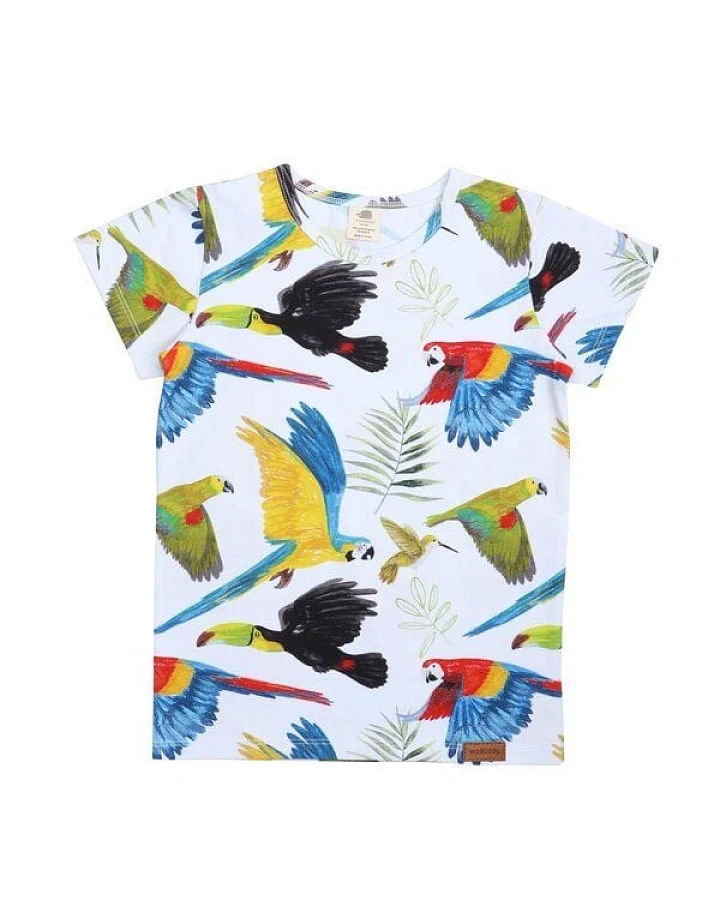 Baby T-Shirt GOTS zertifiziert Bio-Baumwolle, Blau, Regenwald-Vögel Muster, Walkiddy